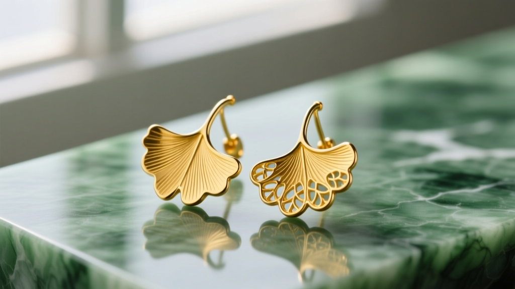 Macro shot of 18k yellow gold ginkgo leaf earrings with detailed veins resting on green marble under soft diffused natural light