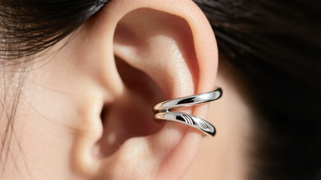 Macro shot of a sterling silver ear cuff wrapping around the upper helix, showing the adjustable tension gap at the back of the ear