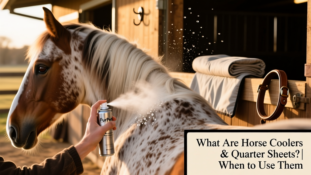Close-up of a hand applying FurPetVo Santa Fe Coat Conditioner spray to a horse's shoulder