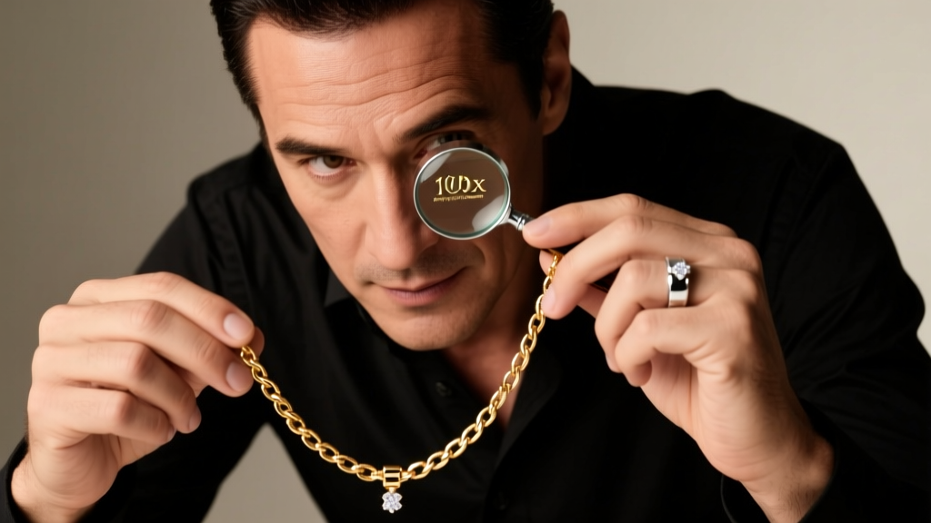 A jeweler holding a 10x triplet loupe to their eye, inspecting the clasp of a gold chain for hallmarks under bright studio light