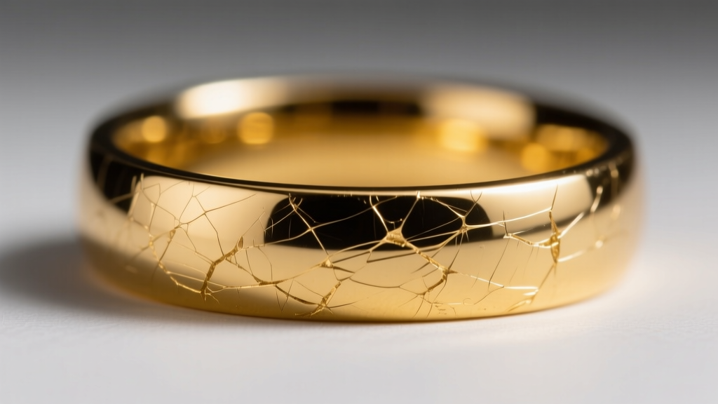 Macro shot of micro-scratches on a 14k yellow gold band, lit by harsh directional light to reveal abrasive surface damage.