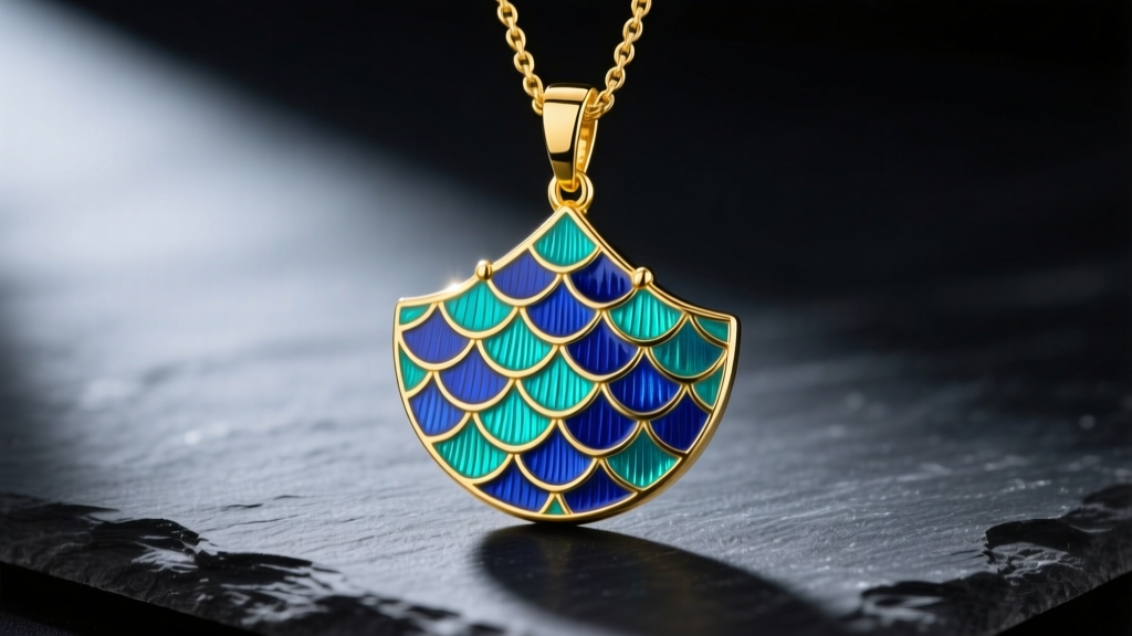 Vibrant blue and teal guilloché enamel mermaid scale pendant set in 18k yellow gold, photographed above on a dark slate surface.