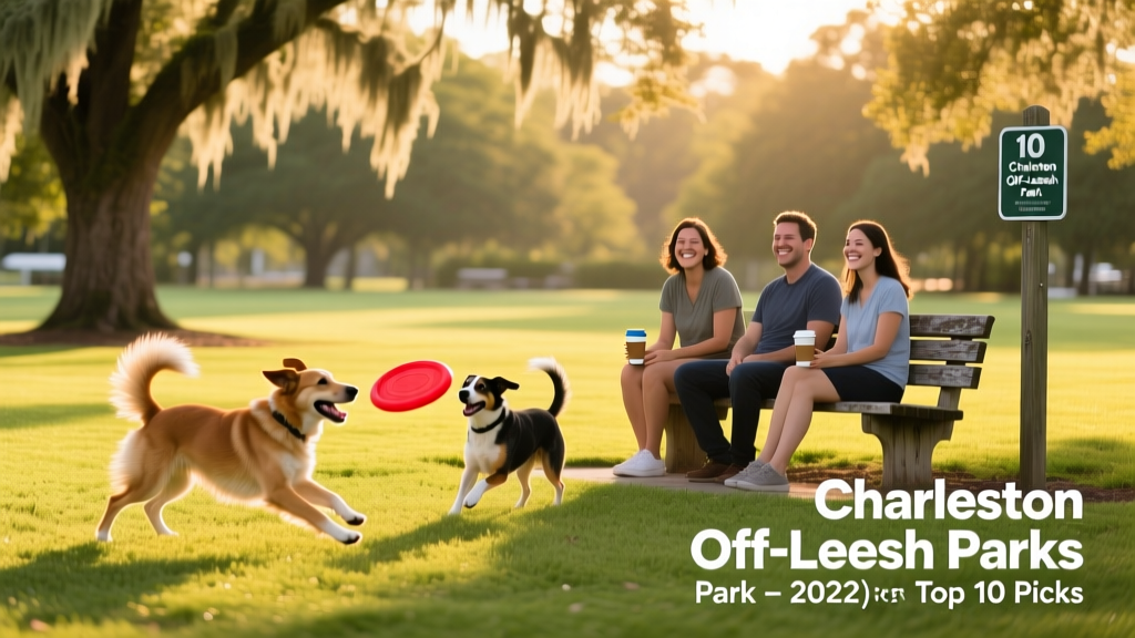 A sunny, open dog park with dogs playing fetch and owners relaxing on benches