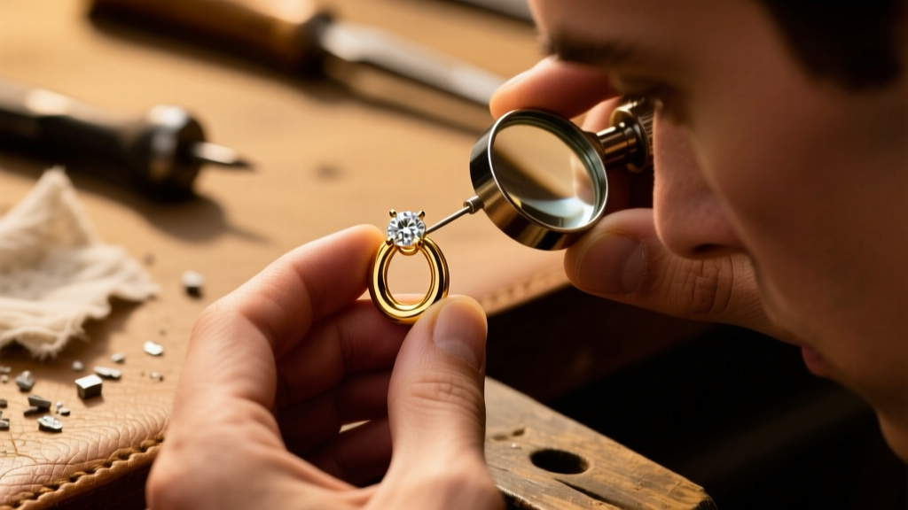 Close-up of a jeweler examining a 14k yellow gold bezel-set diamond huggie earring through a loupe, with warm workshop lighting.