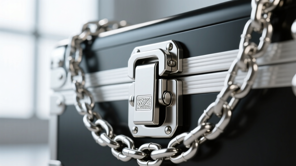 Macro shot of a heavy-duty double-latch box clasp on a thick silver Figaro chain, showing the mechanical safety catch engaged.
