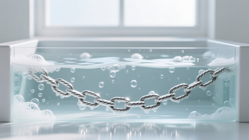 Ultrasonic cleaner tank with soapy water, showing a submerged silver rope chain and tiny cavitation bubbles near the metal links.