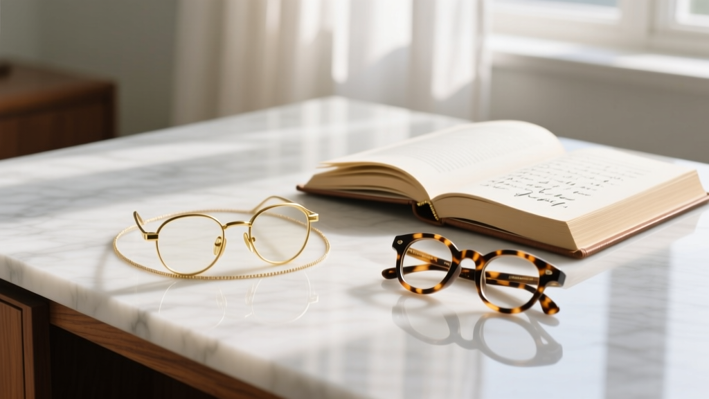 Gold reading glasses necklace resting on a marble desk beside tortoiseshell readers and an open book in soft natural window light