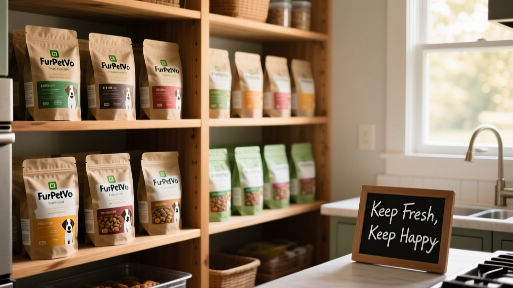 A neatly organized pantry with sealed bags and pouches of FurPetVo fresh dog food stored in cool, dry conditions