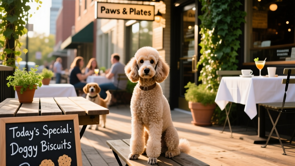 A poodle sitting calmly beside a table on the outdoor patio of a dog-friendly restaurant in Cincinnati