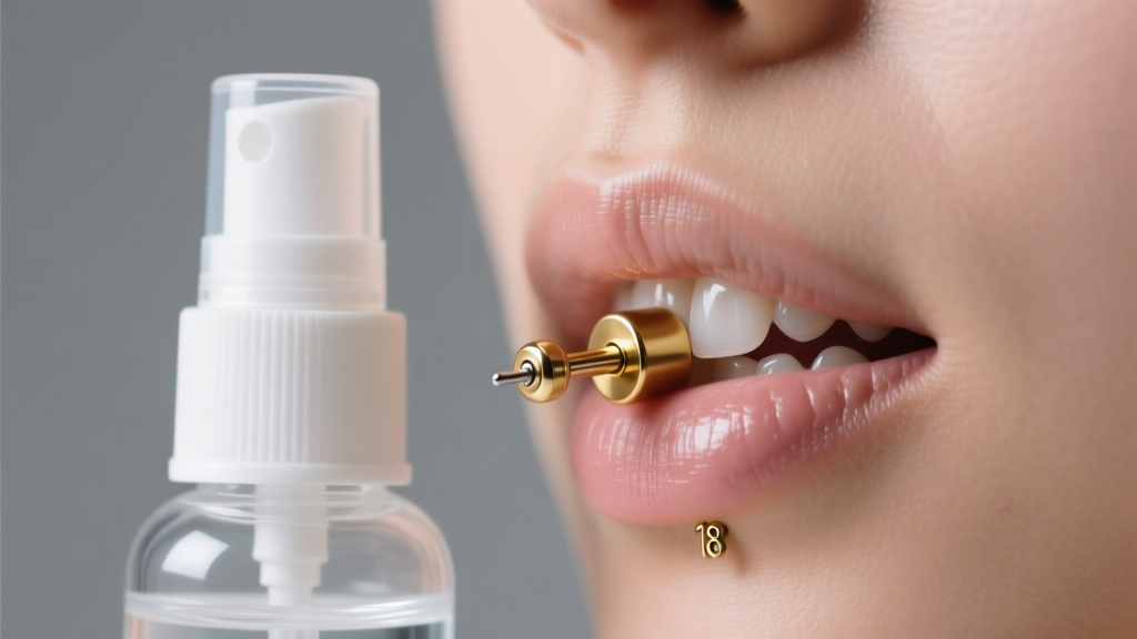 Close-up of a saline spray bottle beside an 18-gauge gold flat back labret in a healed cartilage piercing under soft studio lighting.
