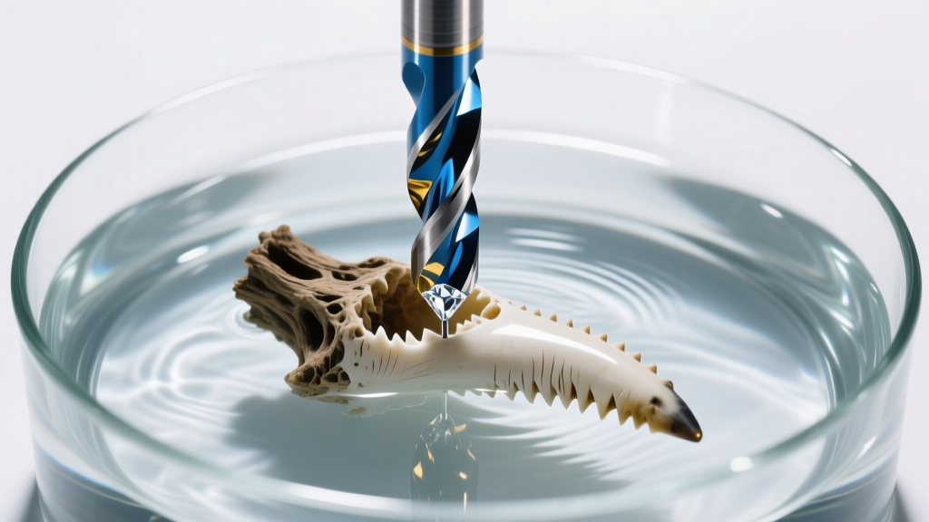 Overhead view of a diamond core drill bit piercing the root of a shark tooth submerged in a small glass water bath, studio lighting