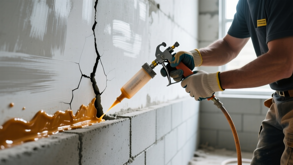 Contractor injecting polyurethane epoxy into a stepped stair-step crack on a painted concrete masonry unit basement foundation wall