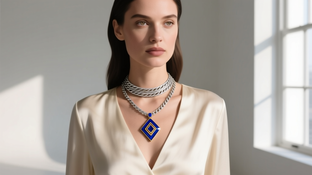 Woman wearing a layered 16-inch rhodium choker and a 20-inch Mariana enamel pendant necklace over a cream silk V-neck blouse.