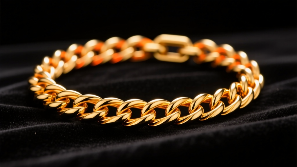 Thick 24k yellow gold cable chain on dark velvet, showing the rich orange-yellow hue of pure gold under soft warm lighting.