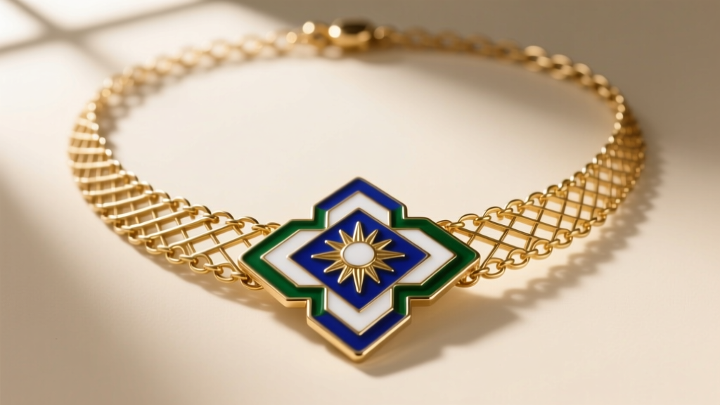 Close-up of a vintage 1920s Whiting and Davis necklace featuring gold-tone flat mesh with an Art Deco geometric enamel pendant.