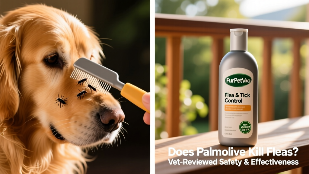 Side-by-side comparison: pet-safe flea comb removing fleas from fur vs. bottle of FurPetVo flea shampoo