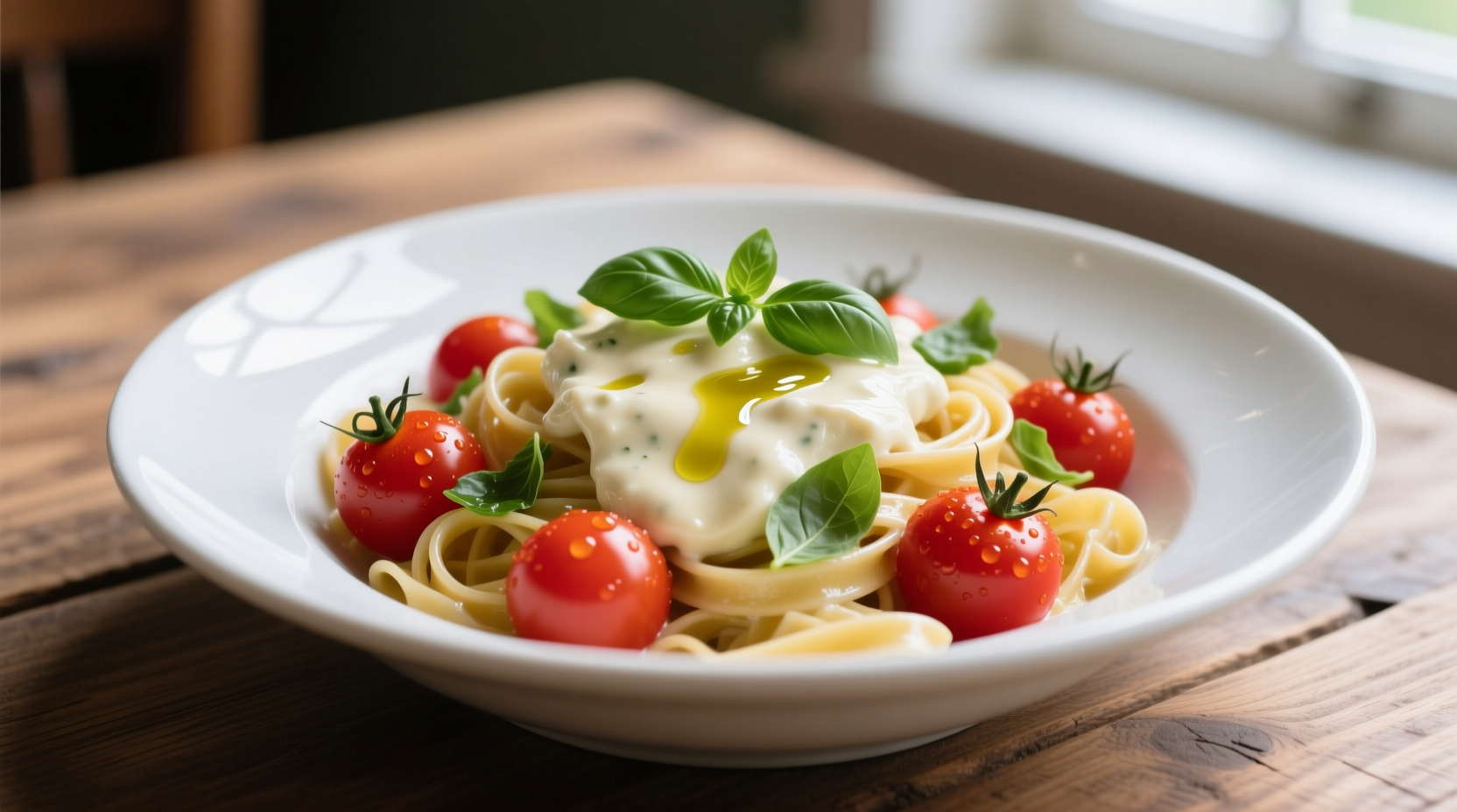 Creamy cherry tomato boursin pasta in white bowl with fresh basil