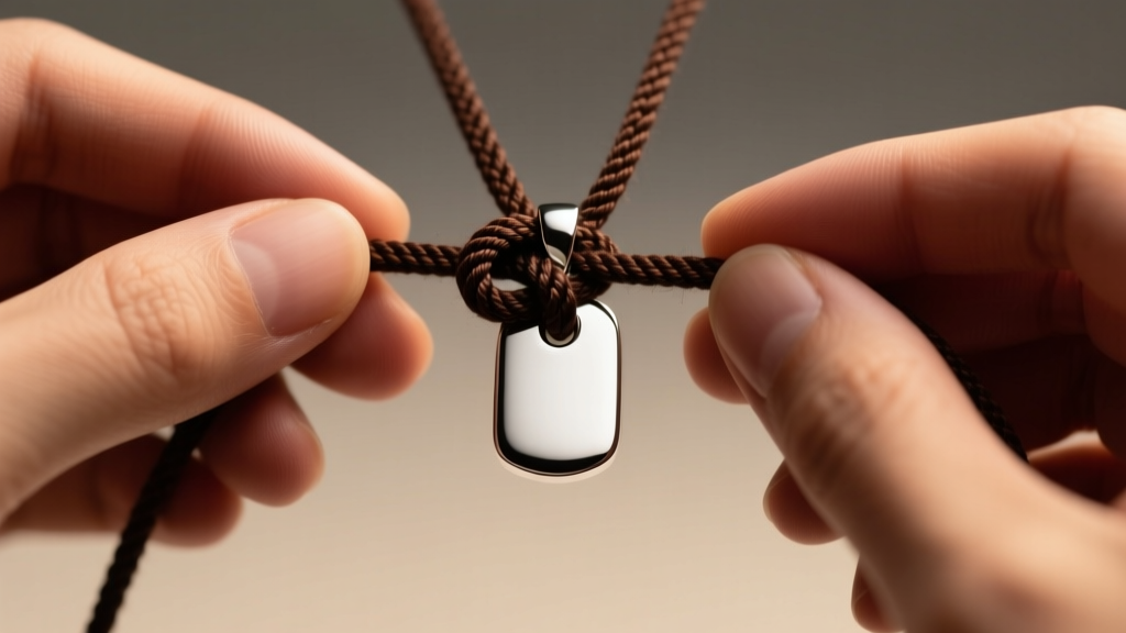 Hands tying a dark brown waxed cotton sliding knot over a silver pendant, illuminated by warm directional studio lighting