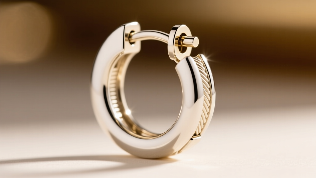 Extreme close-up of a saddleback clasp on a white gold Cuban huggie earring, showing the friction-fit groove and locking latch.