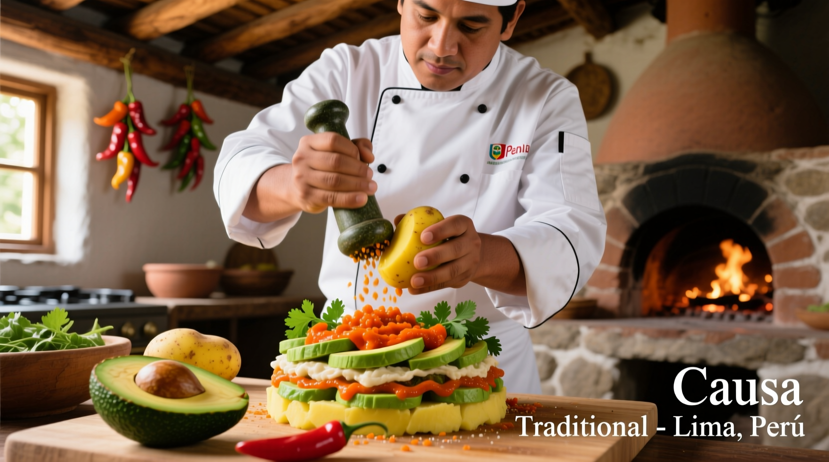 Koch bereitet traditionelles peruanisches Causa-Kartoffelgericht zu