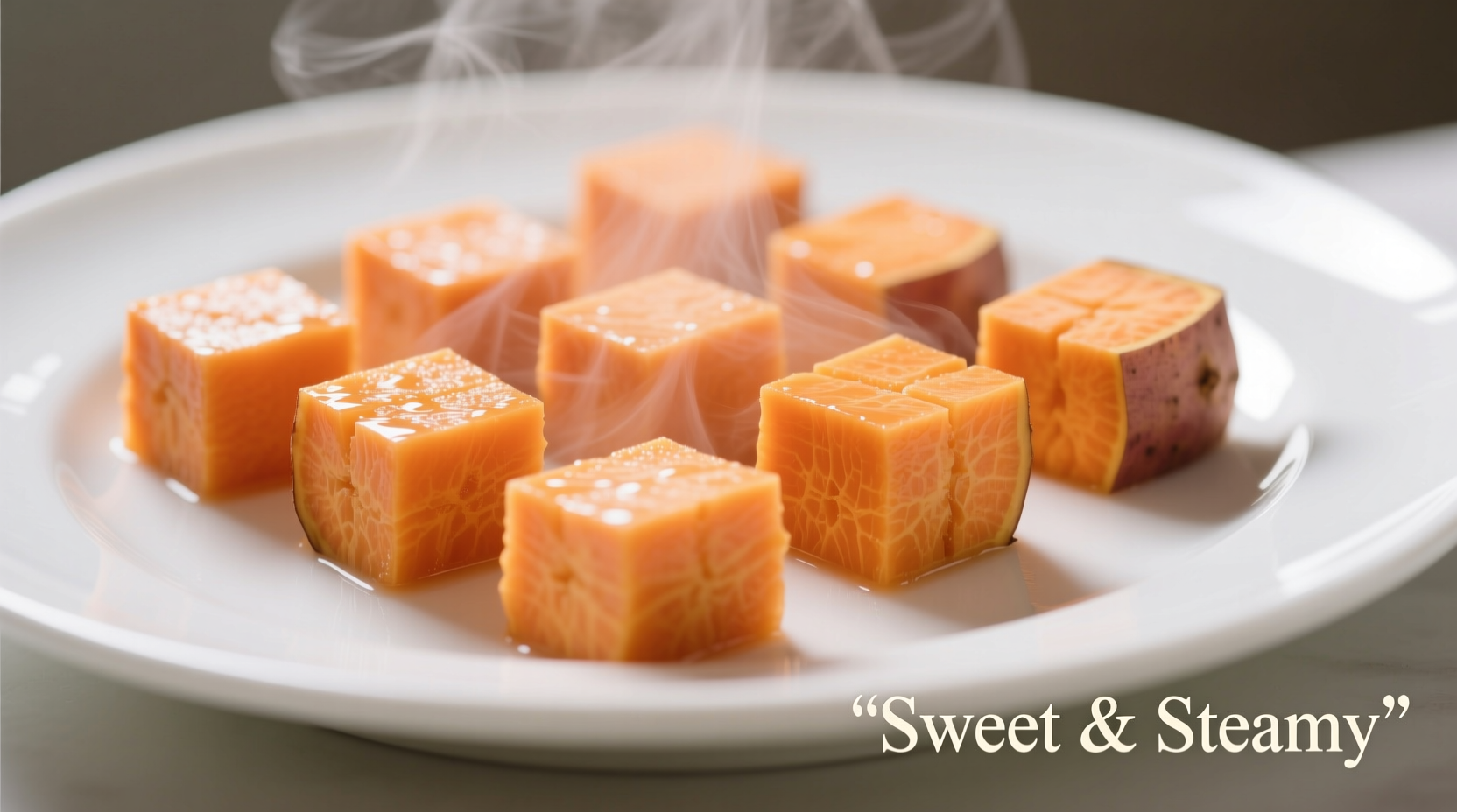 Perfectly steamed sweet potato cubes on white plate