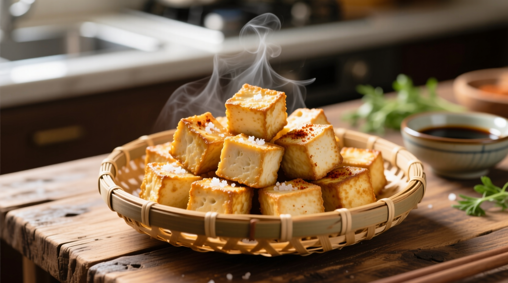 Crispy golden air fried tofu cubes in basket