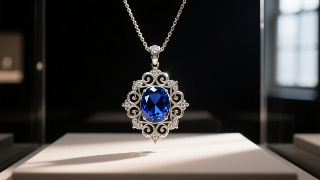 1912 Edwardian platinum sapphire pendant in a museum display, lit by spotlighting to highlight intricate millegrain metalwork