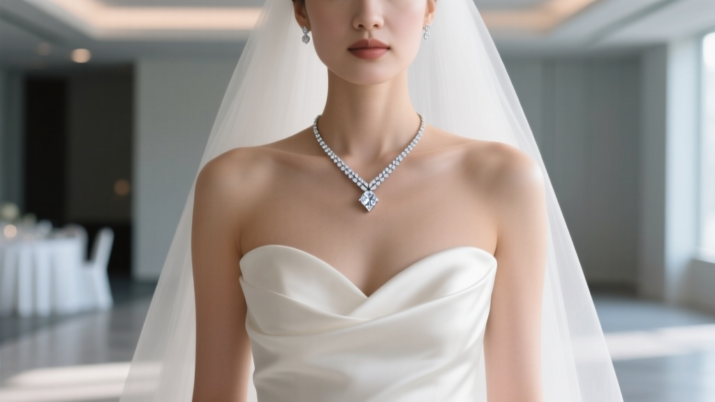 Elegant bride wearing a delicate platinum V-shaped diamond pendant over a white silk strapless sweetheart neckline wedding gown.