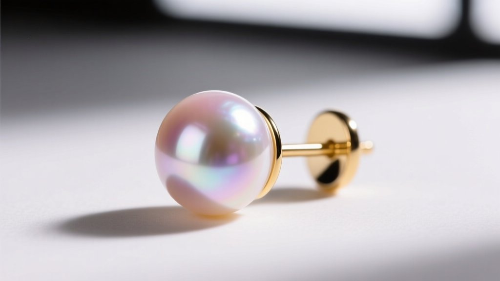 Macro shot of a 20-gauge Akoya pearl earring with 14k gold post, highlighting the pearl's high luster and subtle rose overtone.