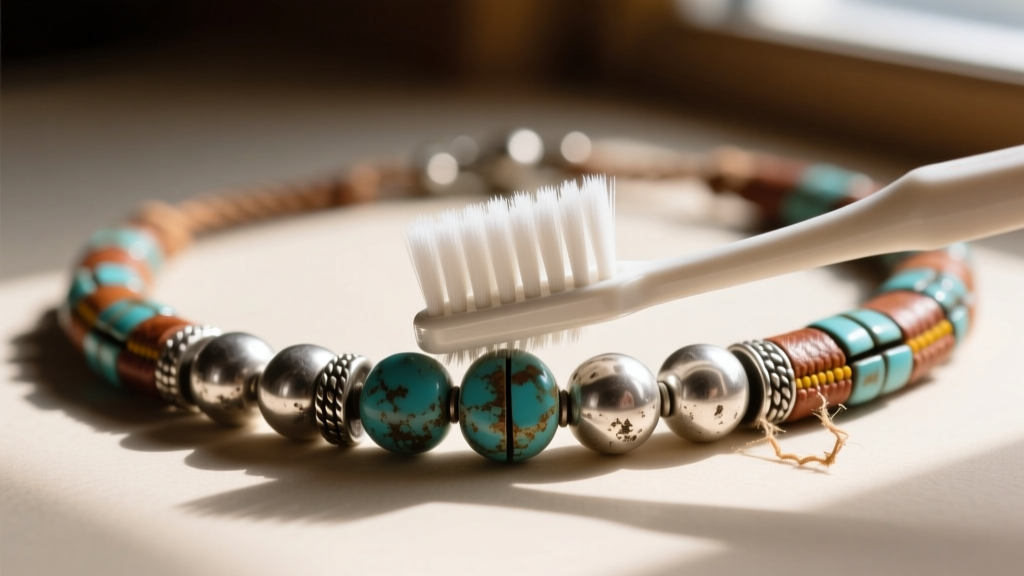 Soft toothbrush gently cleaning tarnished sterling silver spacer beads on a vintage Native American beaded necklace with mild soap.