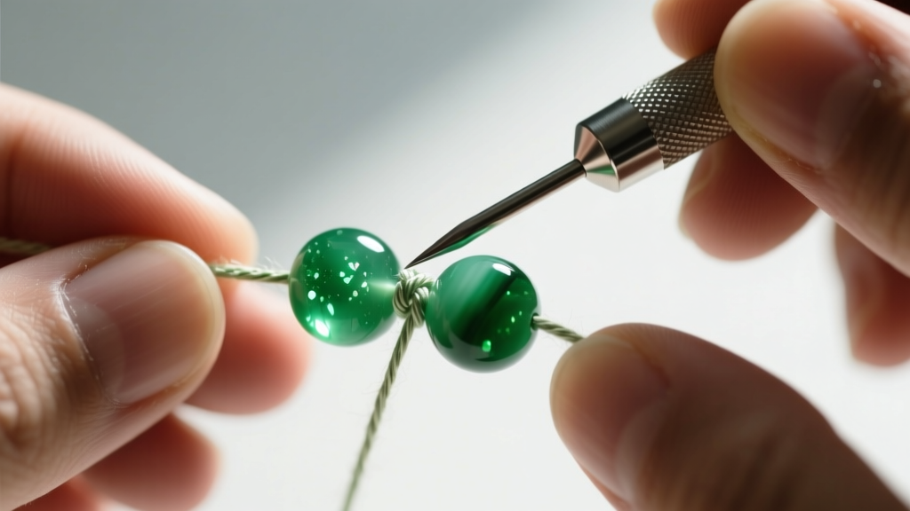 Hands using a metal beading awl to tighten a silk knot between two green aventurine beads on a nylon stringing thread