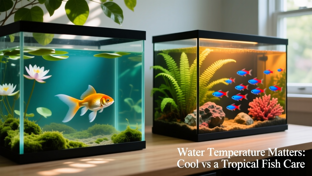 Side-by-side comparison showing a cool-water goldfish in a shaded, lightly planted tank versus a vibrant school of neon tetras in a warm, well-lit tropical setup