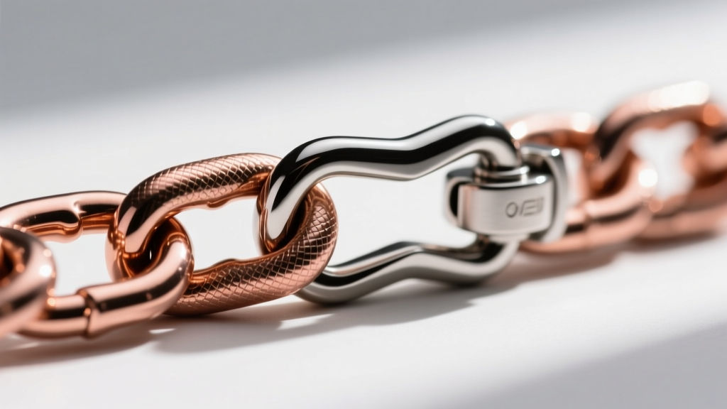 Macro shot of a titanium chain link revealing the rose gold PVD coating texture and a secure stainless steel lobster clasp