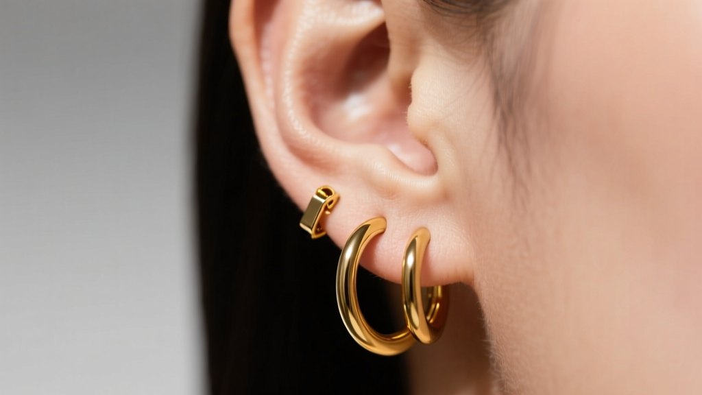 Close-up of an ear wearing 18-gauge hollow gold 35mm hoop earrings, showing a latch-back closure resting just below the ear lobe