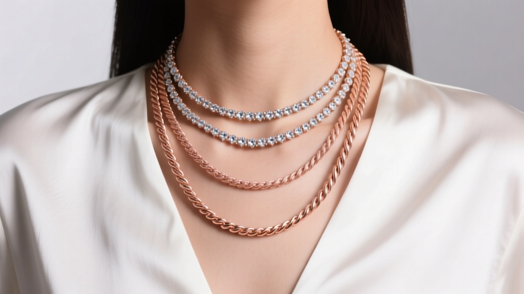 A model wearing a layered 18-inch and 22-inch diamond rope necklace set in rose gold, paired with a simple white silk blouse