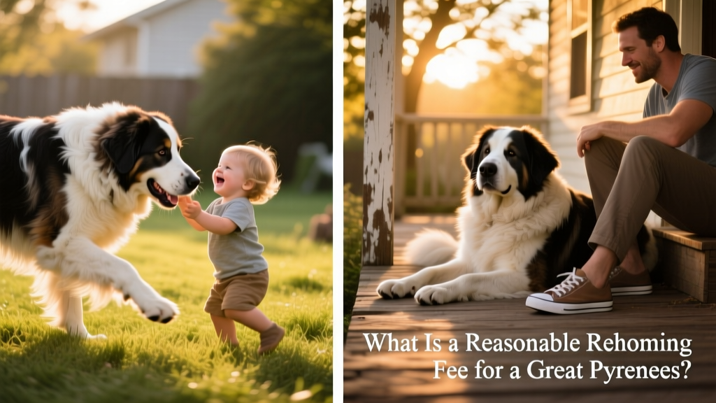 Side-by-side photos: one showing a Great Pyrenees playing gently with a child, another showing the same dog relaxing beside its new owner on a porch