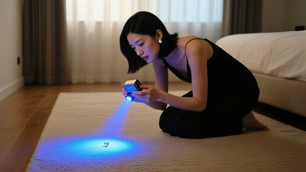 Person on beige carpet using a 365nm UV flashlight to scan the floor for a dropped diamond stud earring in a dimly lit bedroom