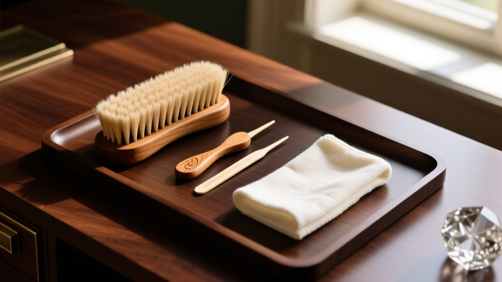 Top-down view of vintage crystal cleaning tools: camel hair brush, wooden toothpicks, and microfiber cloth on a dark wooden desk.