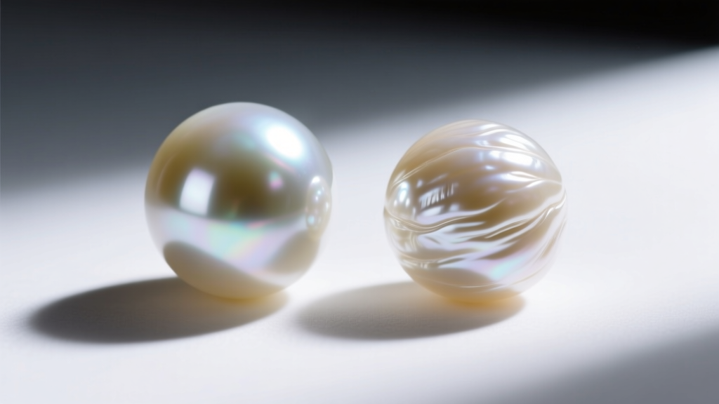 Close-up comparing the flawless surface of a designer glass pearl to the natural ridges of a genuine freshwater pearl bead