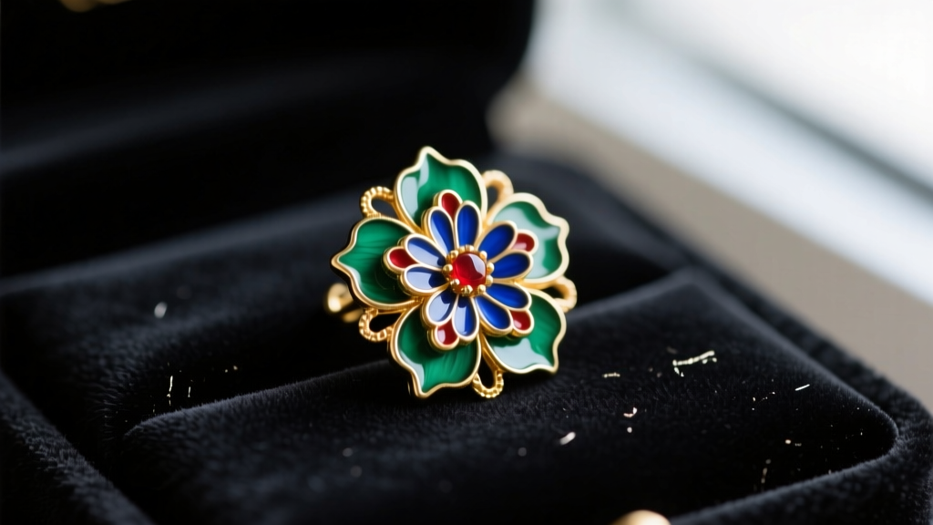Macro photo of a vintage cloisonné enamel earring with a floral drawing, resting on a dark velvet jewelry cleaning cloth
