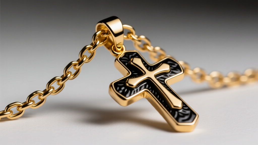 Macro view of a 14k gold box chain passing through the soldered bail of a Black Hills Gold cross pendant under studio lighting.
