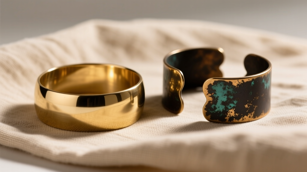 Brass cuff bracelet beside a dark-patina oxidized brass cuff, resting on beige linen cloth under soft, diffused studio lighting