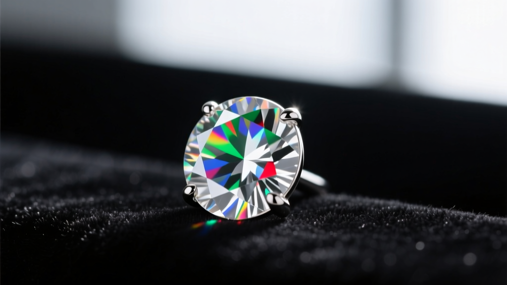 Macro shot of a round brilliant diamond stud in a platinum setting, showing rainbow light dispersion against dark velvet.