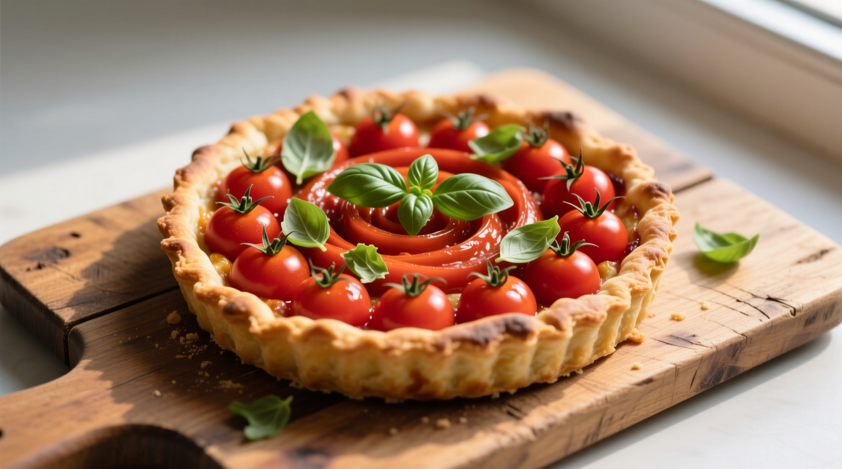 Fresh cherry tomato tart with basil garnish on wooden board