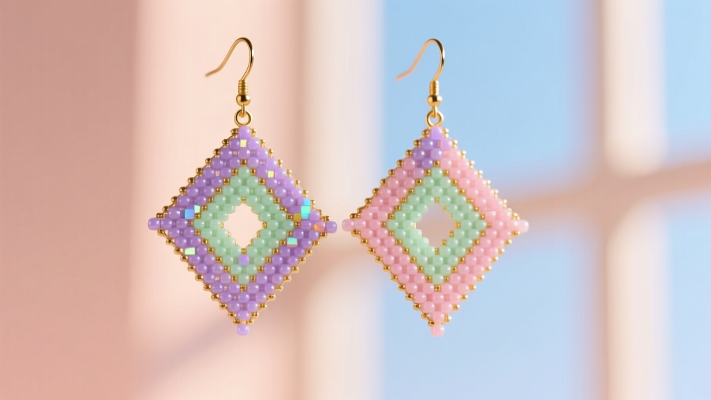 Herringbone stitch beaded earrings patterns using iridescent Miyuki seed beads on gold wires against soft pastel