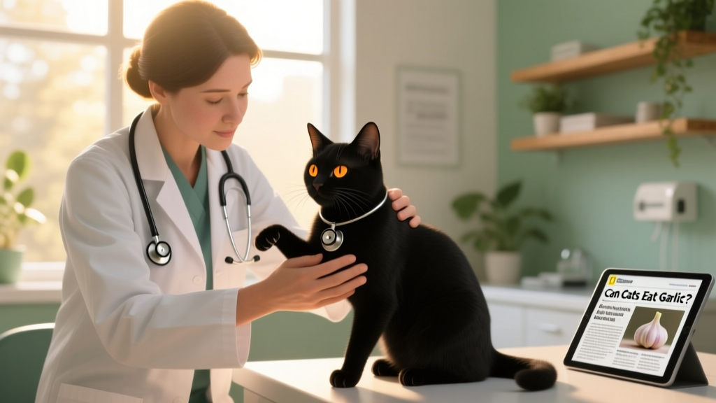 Veterinarian gently examining a calm cat while holding a stethoscope—symbolizing prompt, compassionate care