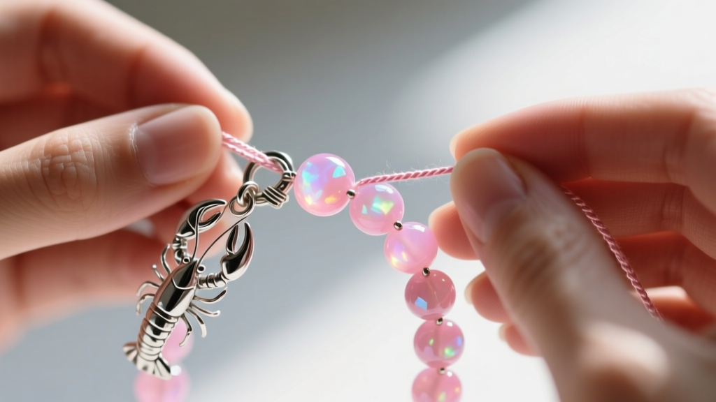 Hands restringing pink opal beads with braided thread, showing a silver lobster clasp and metal wire guardians in sharp focus.