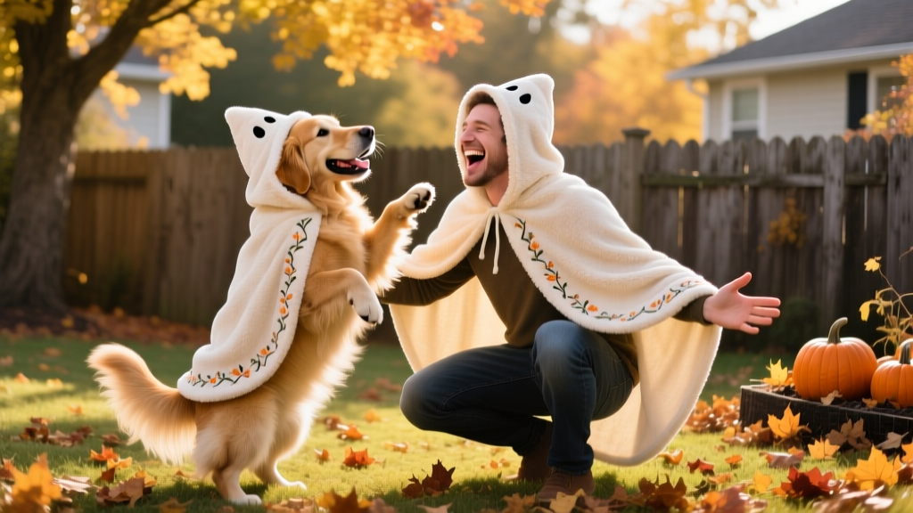A golden retriever and their human both wearing soft, plush ghost capes with subtle stitching details, laughing together in a backyard