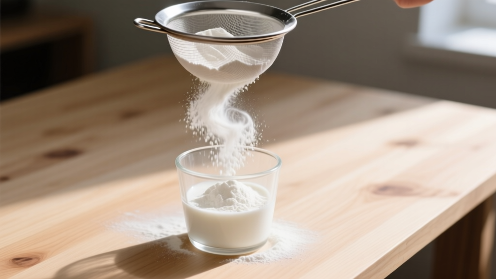 White breast milk powder being sifted into a small glass mixing cup using a stainless steel mesh sieve on a wooden crafting desk.