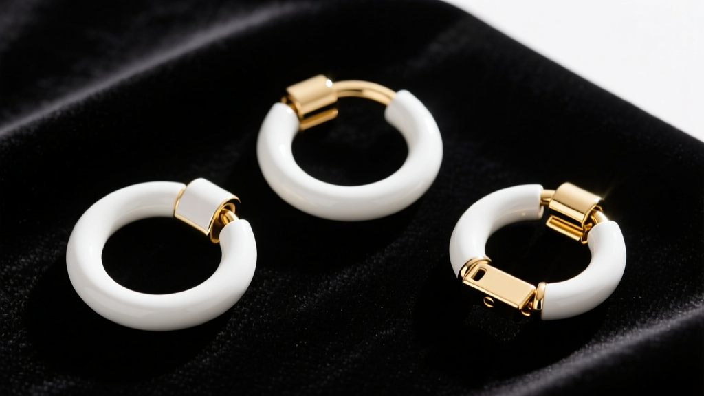 Top-down view of three white gold hoop closures: a hinged snap-back, a continuous hoop, and a clicker ring on dark velvet fabric